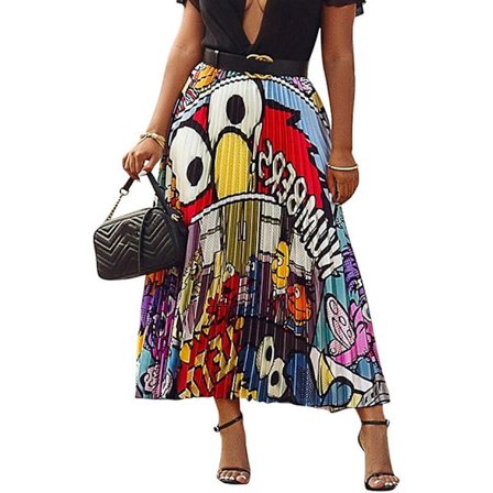 Plisserade kjolar för kvinnor Söt mode tecknade tryck Retro kjolar Färgglada (L)