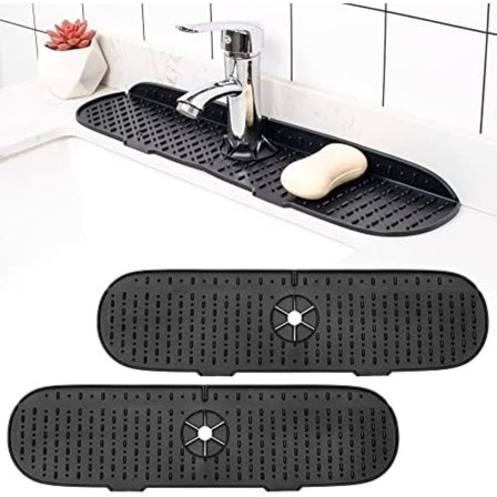 2 stk. Store Silikone Stænkbeskyttere til Vask, 52 cm × 14 cm Silikone Vandhane Måtte til Køkken, Badeværelse, Vaskbeskytter (Sort)