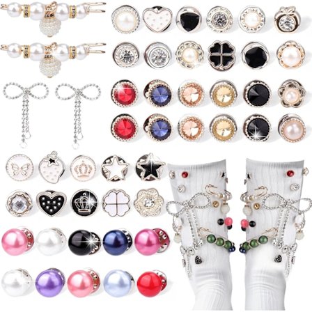 Charms til sko - 48 stk. smykkecharms til sneakers, guld/sølv, bling designer perlebroche nåle til kvinders sokker og sko dekoration
