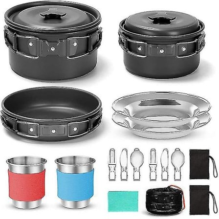 Camping kokkärl för 2 personer bärbara kastruller kastruller kopp teport set hopfällbart utomhus matlagning set picknick servis camping tallrikar
