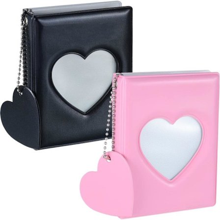 2-pak 3 tommer Kpop Fotokortholderbog, Mini Fotoalbum med Kærlighedshjertevedhæng, Pink, 32 Lommer (Sort+Pink)