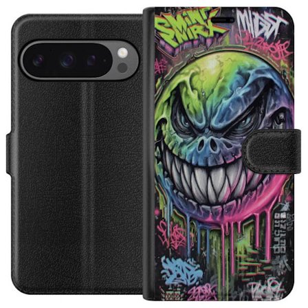 Yhteensopiva Lompakkokotelo Google Pixel 9 Pro XL Värikäs graffitipiirros pahansuipasti hymyilevästä hirviökasvoista, jossa valuvat neonvärit