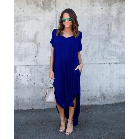 Lang kjole Lige nederdel V-hals Pocket Split Dress Blue XXL