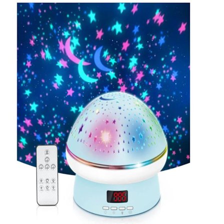 Natlampe Projektor til Børn med Timer og Fjernbetjening Stjerne Natlamper Lampe til Soveværelse med 8 Farvemuligheder og 3 Niveauer