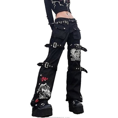 Dam Y2K Högmidjade Jeans Lösa Vida Ben Denimbyxor Grafiskt Tryck Baggy Cargobyxor Gotisk Mörk Punk Streetwear