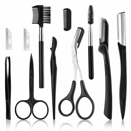 Øyenbrynsbarberhøvel, 11 i 1 øyenbrynssett, multifunksjonelle peelingverktøy Ansiktshøvel for kvinner, inkludert ansiktstrimmerbarbermaskin, 