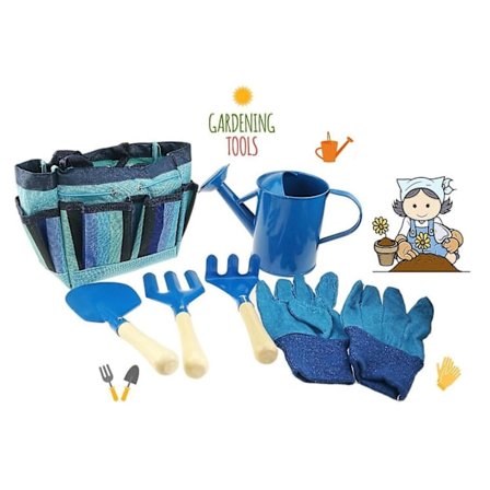 Trädgårdsredskap för barn inklusive vattenkanna handskar spade kratta gaffel (blå)