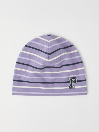 Polarn O. Pyret - Striped jersey beanie with "P" appliqué - 48|50 - Childrenswear - purple