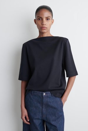 COS Women's Boat-Neck Cotton T-Shirt in Blue