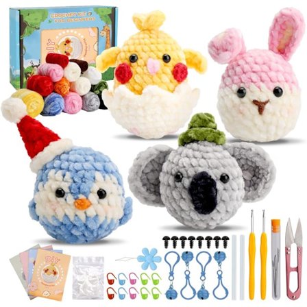 Nybörjarset för virkning, komplett virkningsset för att göra 4 djur, julklapp med steg-för-steg-videohandledning
