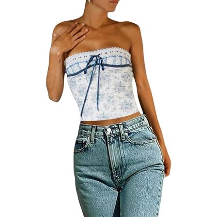 Kvinnors Denim Push Up Bustier Tubtopp Strapless Knäppning Upp #X Blue S