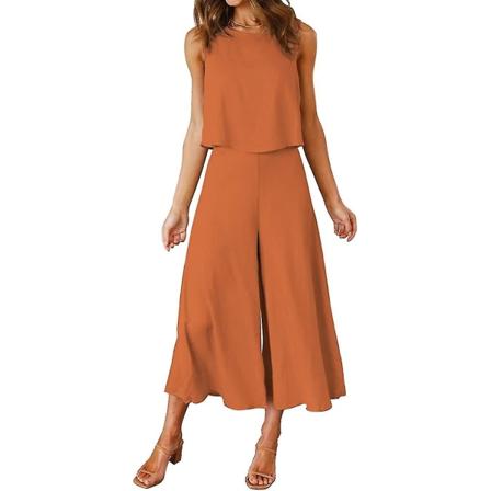 Roylamp naisten kesäasut, 2-osaiset, pyöreäkaula-asuiset, peruskatkaistut leveälahkeiset set , haalarit Dark Orange Medium