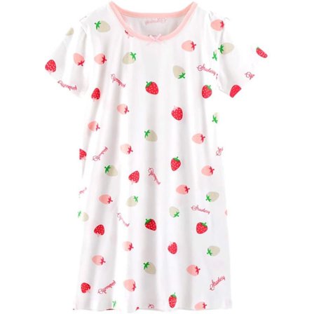 Jenter Bomull Kortarmet Nattkjole Jordbær & Vannmelon Pyjamas Kjole Hvit Jordbær 5 til 6 år