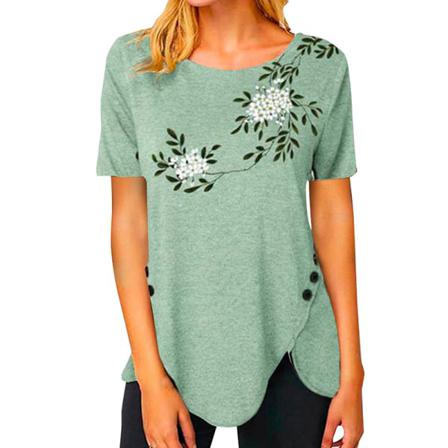 Print T-shirt För Kvinnor Med Blad Tryckt T-shirt