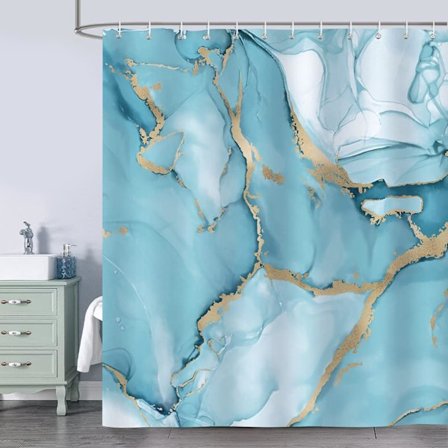 Moderne Abstrakt Turkis og Guld Marmor Bruseforhæng Polyester Stof Badeforhæng Anti-Skimmel Vandtæt Vaskbart Badeværelsesforhæng 180 x 180 cm wit