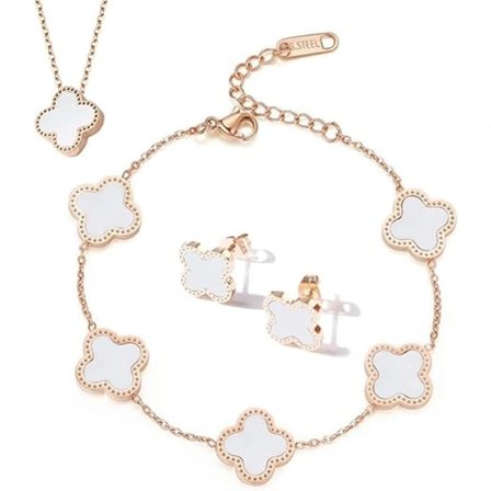 Trendy smykkesett med firkløver, damehalskjede i titan, øredobber og armbånd i emalje (hvitt)