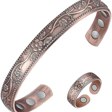 Sæt med armbånd og ring i ren kobber med magneter til lindring af gigt