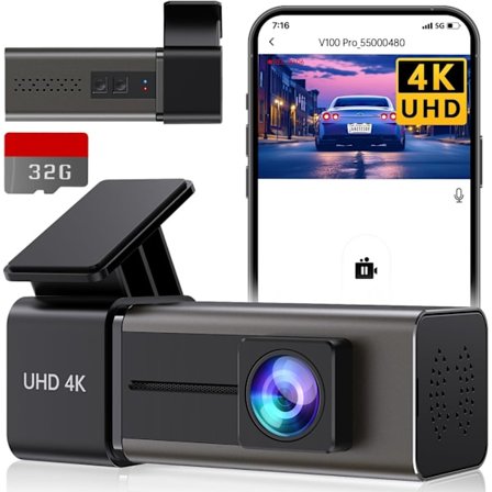 Dashcam 4K WiFi Frontkamera til Biler, Mini Dashcam med App, Instrumentbræt Kamera med 24H Parkering Tilstand, Nattesyn, Loop Optagelse