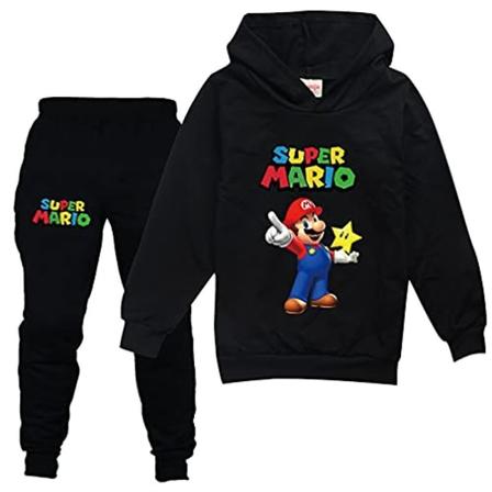 Barn Gutter Jenter Super Mario Trykk Treningsdrakt Sett Hoodie Genser Pullover Topper Joggebukser Antrekk Svart 7-8 år