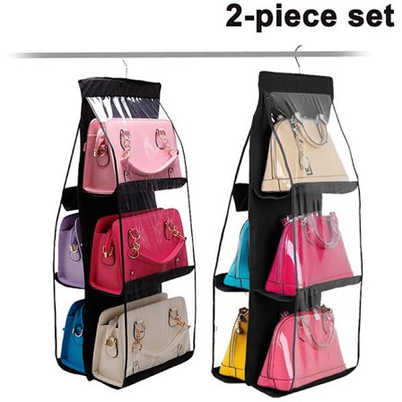 2-delat set hängande handväska Organizer Dammtät förvaringsställ Väska Garderob Handväska Garderob med 6 större fickor, svart