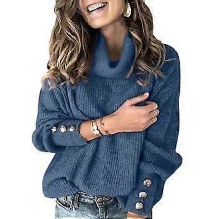 Dame Strikket Ribbet Jumper med Høy Hals, Lang Erme, Ensfarget, Oversized, Varm Vintergenser (4XL Blå)
