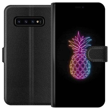 Kompatibelt Plånboksfodral till Samsung Samsung Galaxy S10 Neonillustration av ananas i färgglatt ljus mot svart bakgrund
