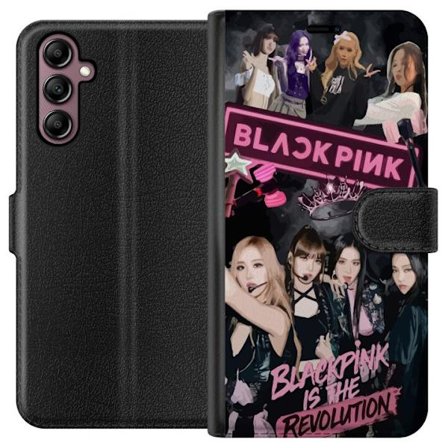 Yhteensopiva Lompakkokotelo Samsung Galaxy A14 5G BLACKPINK kollaasi esiintymiskuvilla, kruunu, valotikut ja teksti Blackpink Is The Revolution tummas