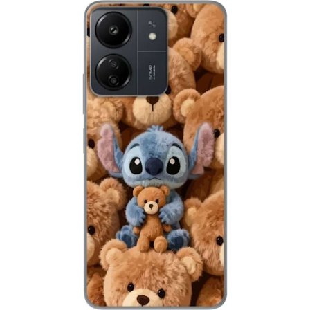Yhteensopiva Puhelinkuori Xiaomi Redmi 13C Stitch ympäröity ruskeilla teddykarhuilla, joilla on pieni nallekarhu sylissään söpössä ja kodikkaassa kawa