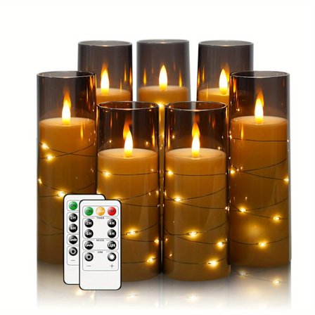 7 Akryl Blinkende LED Flammeløs Kolonnelys - Batteridrevet, Fjernkontroll, Innebygd Stjernelys, Flimrende Stemning - Perfekt Hjem D (FMY)