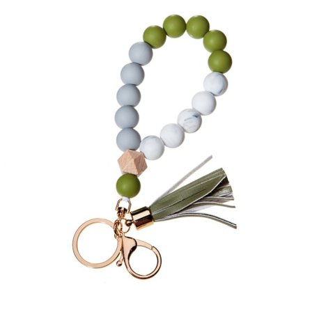 Silikon nøkkelring armbånd håndleddslenke nøkkelring unike perlearmbånd nøkkelringer med lær dusk anti-tap nøkkelring (olivengrønn)