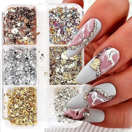 6 Galler Färgglada Nagelkonst Folier Glittrar Aluminiumflingor Nagelkonst Tillbehör Oregelbundna Guld Silver Koppar Nagelfolie För Gel Polish Nagel 