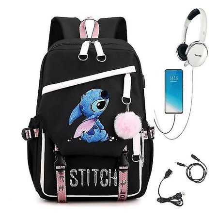 Stitch USB genopladelig skoletaske til drenge og piger rygsække, rygsække