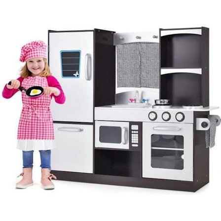 COSTWAY Børnekøkken i Giftfrit Fyrretræ, med 2-Niveau Køleskab, Vask, til Børn fra 3+ år, 97 x 30 x 95 cm