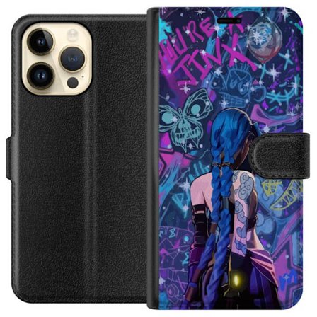 Yhteensopiva Lompakkokotelo Apple Apple iPhone 15 Pro Max Värikäs graffitipiirros, jossa on sinisellä hiuksilla varustettu hahmo kaupunkimaisessa n