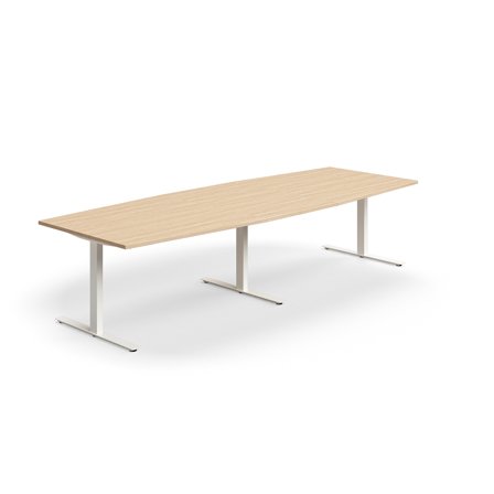 Konferenztisch QBUS, Bootsform, 3200x1200 mm, T-Gestell, weiß/Eiche