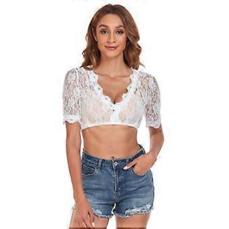 Dame Dirndl Bluse - Kortarmet Blonde Tradisjonell Kostymebluse - Elegant Halvarmet Bluse - Størrelser 34 - 42 (38 Hvit halv arm)