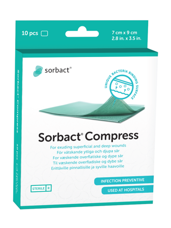 Sorbact Compress Sårbandasje, 7 cm x 9 cm, 10 stk.