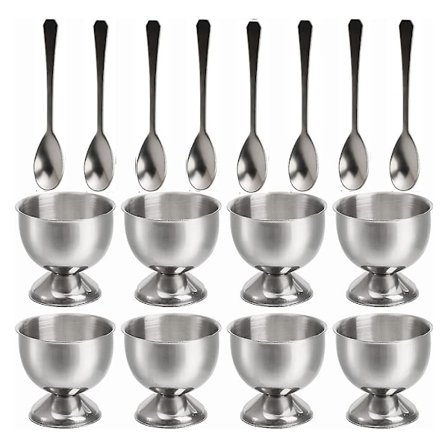 8-pakke Eggkoppholdere med 8 skjeer, Eggkopphylser i rustfritt stål for myke og hardkokte egg