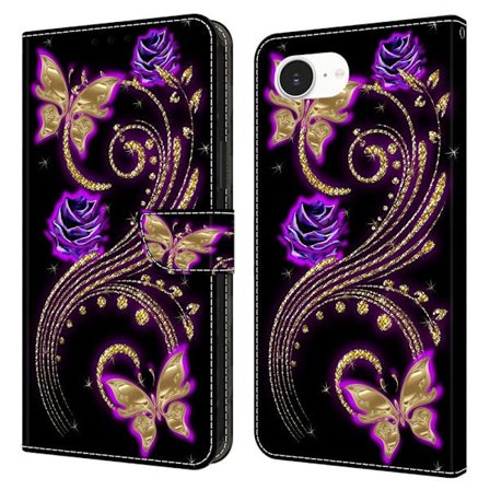 iPhone 16e-etui 3D-mønster Vegansk lær lommebok telefondeksel med stativ - Lilla Blomster / Sommerfugler