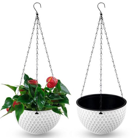 2 st hängande krukor för utomhusbruk, plast, med dräneringshål och rostfria kedjor för dekoration av balkong inomhus och utomhus, 21 cm