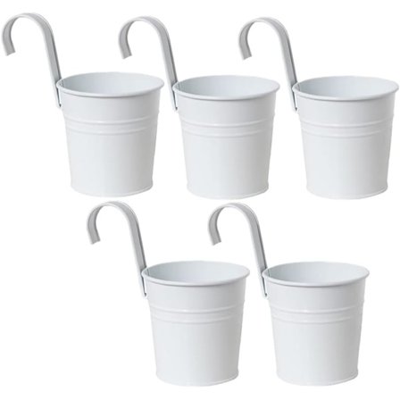 5 st hängande blomkrukor i metall järnhink planter kruka metall hink blomhållare med krok inomhus utomhus dekor (vit)