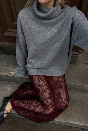 NA-KD Lace Maxi Skirt - A-formet Nederdel - Burgundy - M (EU 38-40)