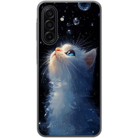 Kompatibelt Mobildeksel til Samsung Samsung Galaxy A17 5G Stjernekatte Drøm motiv med hvit katt som ser mot stjernehimmelen, magiskt drømmeaktig og