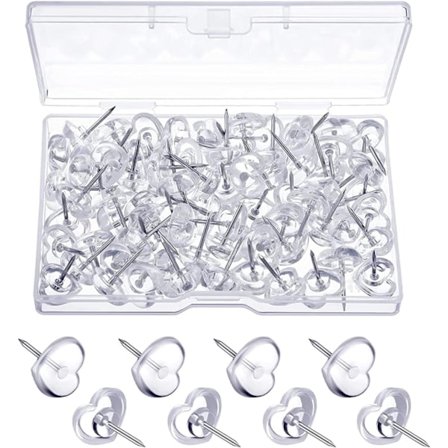 100 stk. Gennemsigtige tegnestifter, væg-tegnestifter med opbevaringsboks, hjerteform