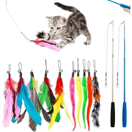 Kattfjäderleksak, 2 st indragbara kattpinnar leksaker och 10 st utbytbara retas med klockpåfyllningar.