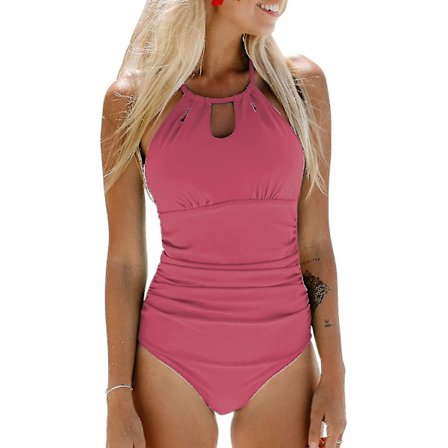 Kvindebadedragt i ét stykke med høj hals, strandbadetøj med rynket mavekontrol, badedragt