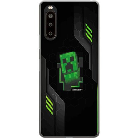 Kompatibelt Mobilskal till Sony Sony Xperia 10 II Grön pixelbaserad creeperliknande spelillustration med futuriska neoninslag och mörk techbakgrund