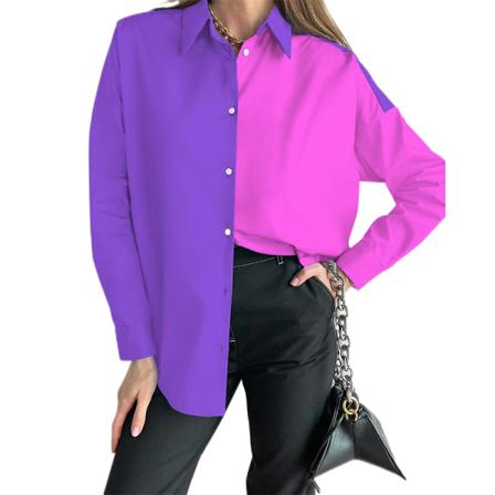 Dam Långärmad Enkelknäppt Blus Color Block Tunikaskjorta