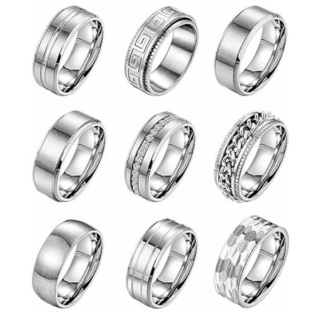 9-delars set 8mm titan stål herr- och damkedjering enkel borstad vigsel- och förlovningsring set silver 9-delars set nr.