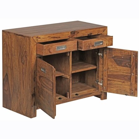Rootz senkki Massiivipuu Sheesham lipasto 90 cm 2 laatikkoa 2 ovea Design highboard maalaistyylinen ruskea luonnollinen